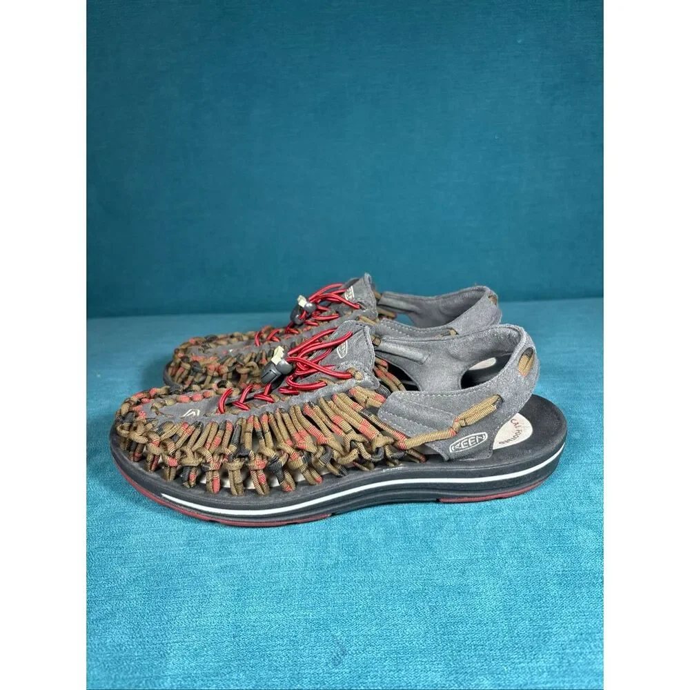 KEEN Uneek Sandals Mens Size 9.5 Grey Red Brown Cord Outdoor Shoes 1014620